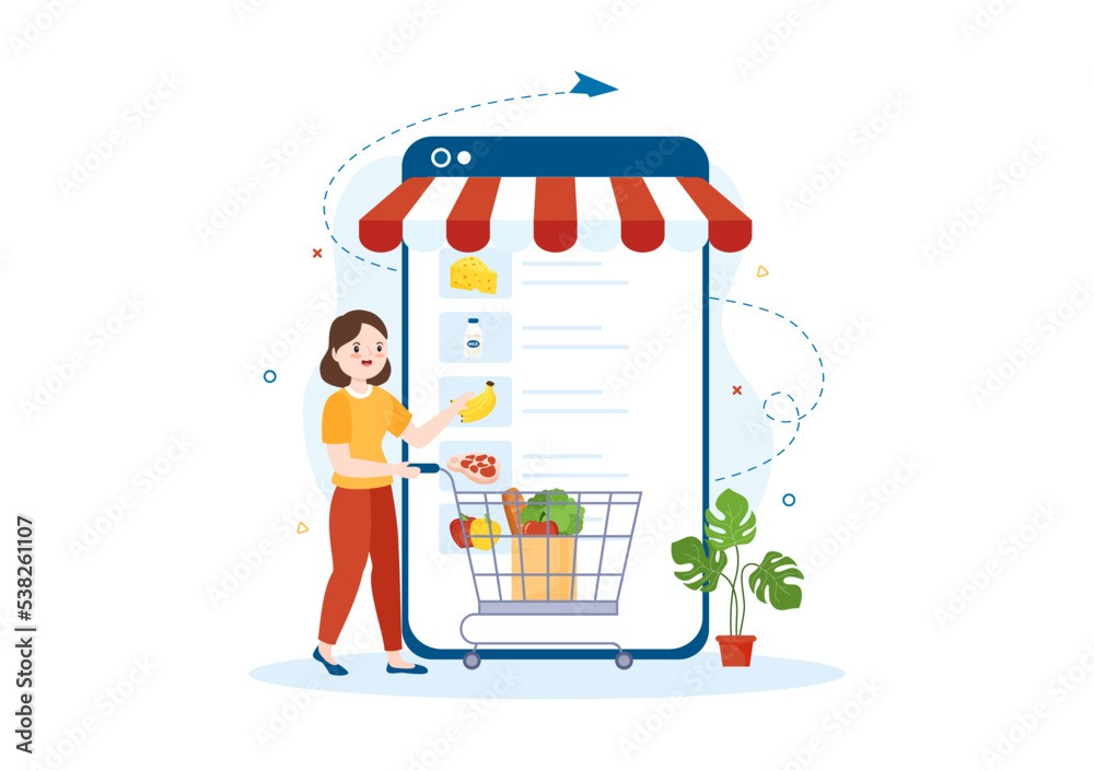 Online Grocery Store or Supermarket to Order Daily Necessities or Food via the App in Flat Cartoon Hand Drawn Templates Illustration Online Grocery Store or Supermarket to Order Daily Necessities or Food via the App in Flat Cartoon Hand Drawn Templates Illustration
