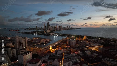 Aerial View of Cartagena, Colombia at Sunset with the old city in the background	