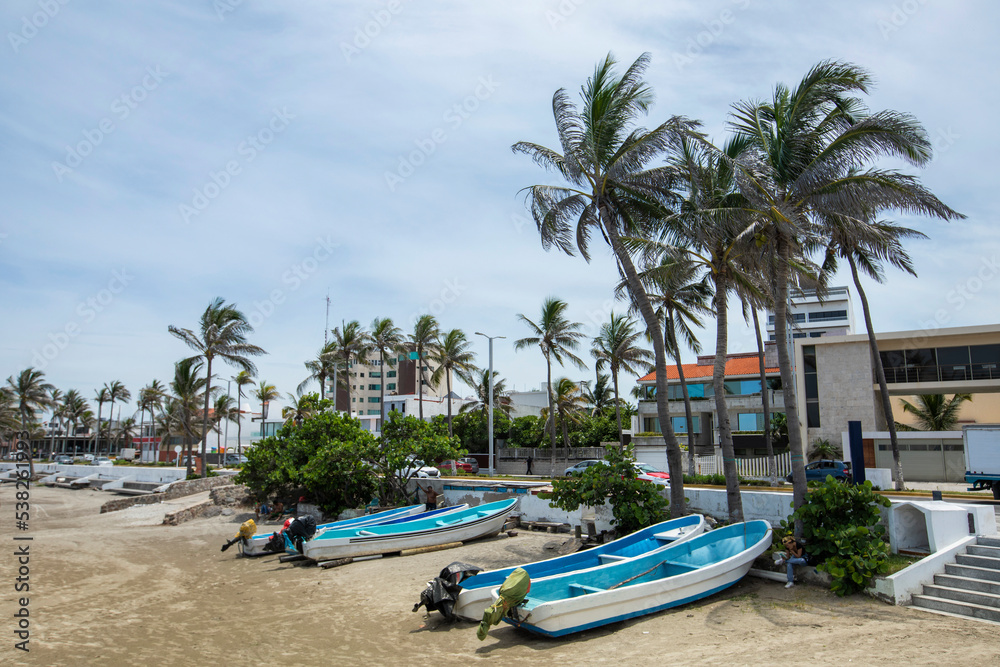 A boat sits on a beach at Boca Del Rio, Veracruz, Mexico.