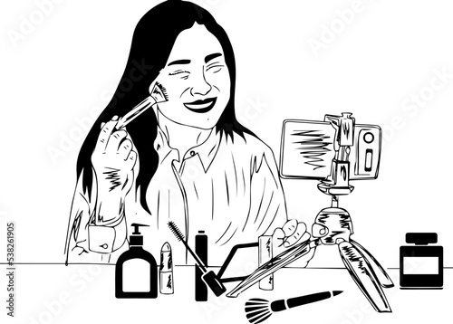 woman makeup artist making vlog in mobile stock image, woman fashion vlogger cartoon doodle clip art, woman makeup artist making vlog sketch drawing silhouette