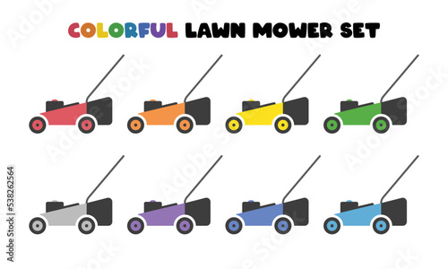 Set of multicolor lawn mower flat icon for web. Simple lawn mower machine sign vector design. Minimalist gardening grass cutter web icon. Lawn mower clipart logo. Garden equipment tool concept