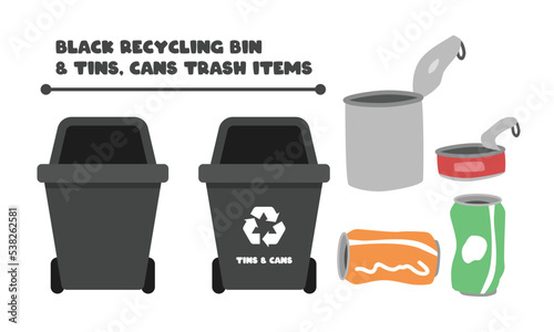 Set of black recycling bin and tin cans trash clipart. Simple black dustbin with tin cans, canned tuna and soda can garbage items vector design. Gargbage sorting clipart cartoon doodle drawing