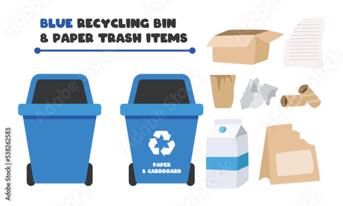 Set of blue recycling bin and paper trash clipart. Simple blue dustbin with paper and cardboard garbage items vector design. Gargbage sorting clipart cartoon doodle drawing. Cardboard box, milk box