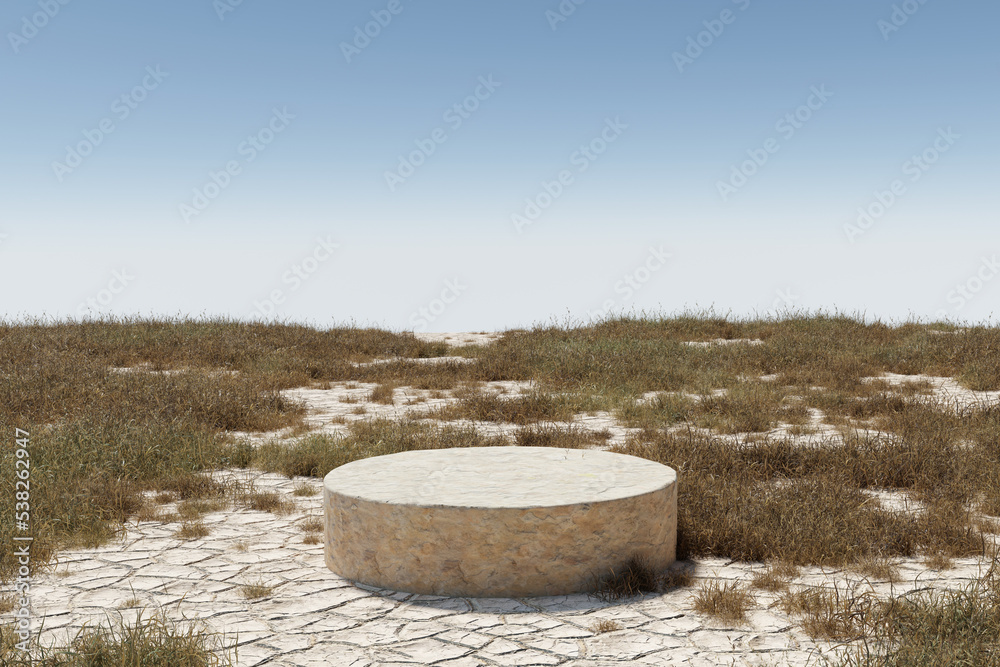 3d render Abstact stage podium background, stone podium on the cracked dry ground and dry grass field with blue sky for product display, mock up and showcase, Nature realistic platform