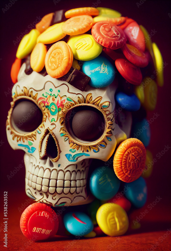 A Dia de los Muertos sugar skull with halloween candy.