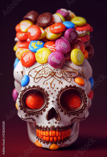 A Dia de los Muertos sugar skull with halloween candy.