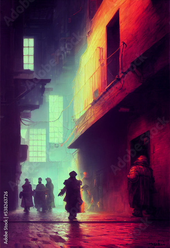 Cyberpunk street view as if it were painted by Rembrandt.