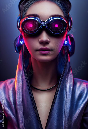 A portrait of a woman in a cyberpunk setting wearing futuristic goggles.