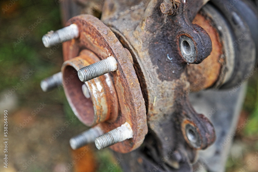 Used car steering knuckle with hub without brake caliper and brake disc when car brakes repair