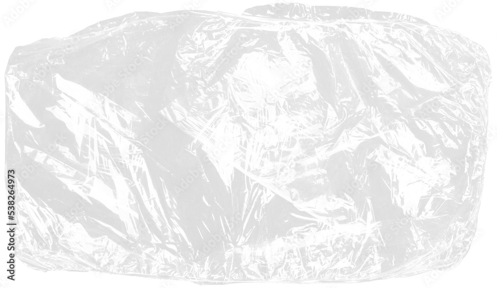 Fototapeta premium plastic transparent cellophane bag on white background. The texture looks blank and shiny. The plastic surface is wrinkly and tattered making abstract pattern.