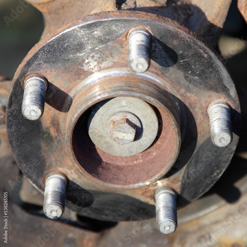 Used sanded hub from rust before car brake disc installation closeup