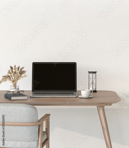 3D render of interior modern living room workspace with laptop computer