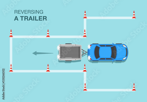 Car drive practicing. Blue sedan making a trailer towing practice. Top view of a car trailer reversing. Flat vector illustration template.