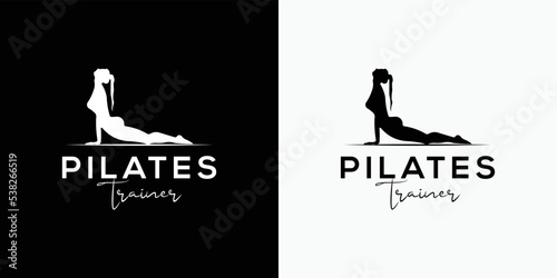 Sitting Pose Pilates Woman Silhouette, Girl with Beauty Body Hair and Face at gym logo design template