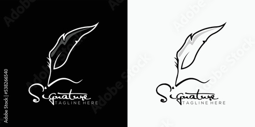 Quill Feather Pen, Minimalist Signature Handwriting logo design vector template