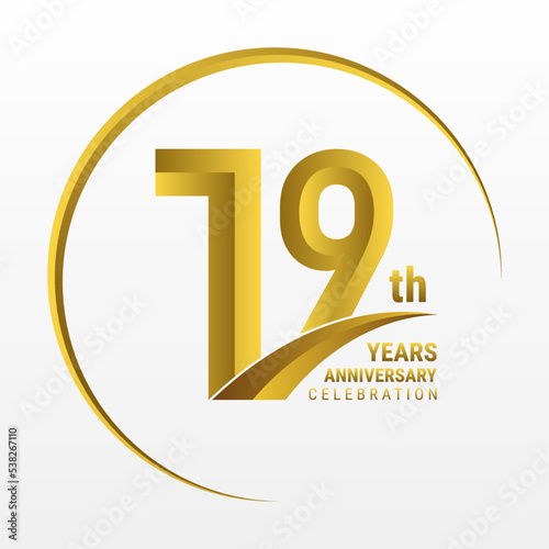 19th Anniversary Logo, Logo design for anniversary celebration with gold color isolated on white background, vector illustration