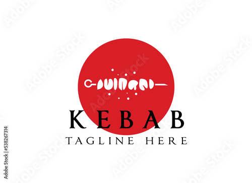 Shish kebab logo design. Meat skewer with vegetable vector design. Grilled meat skewers logotype