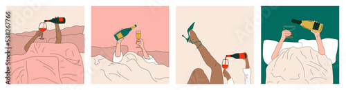 Four fashion illustrations. Hands pouring Champagne and wine into a glass in bed.Morning celebration, Hand drawn vector trendy set. Elegant art. 