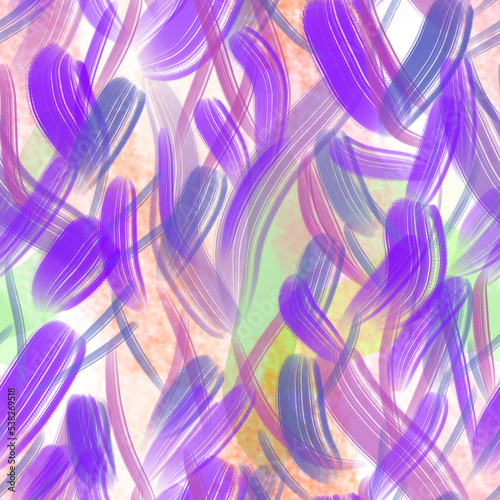 Seamless pattern of abstract elements in purple shades on a green background for textile.