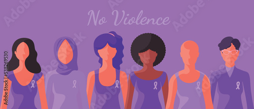 Vector illustration of interracial group of women with pink ribbons are standing together.