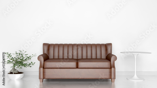 Modern living room interior with Leather sofa and empty white wall as a background.  © Anees
