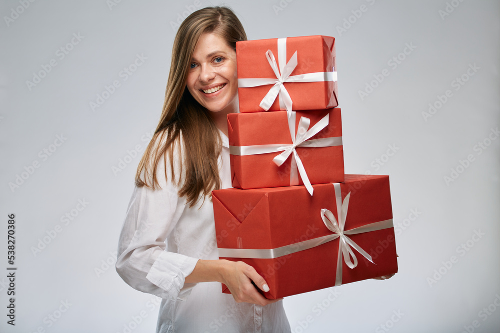 Happy woman after shopping with presents. Isolated female portrait. Happy woman after shopping with presents. Isolated female portrait.