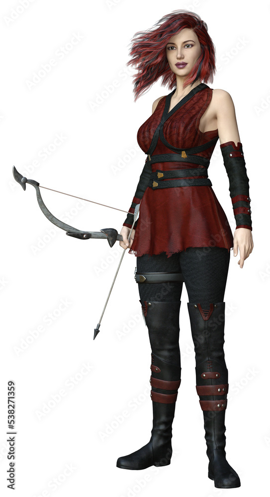 3D Rendered young woman with short red hair and bow and arrow wearing a red and black leather outfit - 3D Illustration 3D Rendered young woman with short red hair and bow and arrow wearing a red and black leather outfit - 3D Illustration