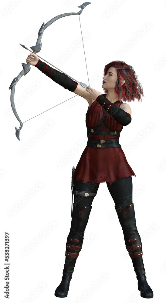 3D Rendered young woman with short red hair and bow and arrow wearing a red and black leather outfit - 3D Illustration 3D Rendered young woman with short red hair and bow and arrow wearing a red and black leather outfit - 3D Illustration