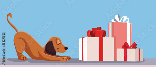 Adorable Dog Finding a Pile of Christmas Gifts Vector Cartoon illustration. Pet receiving presents on winter holiday season 
