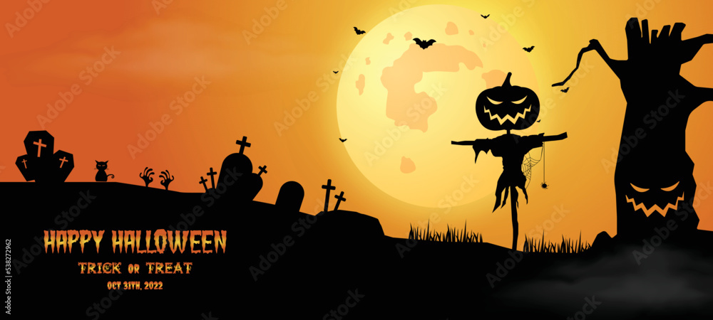 Happy halloween banner or party invitation orange background with violet fog clouds sky, bats, cats, castle house, tombstone and scary pumpkins. Halloween sale. Halloween trick or treat card set	

