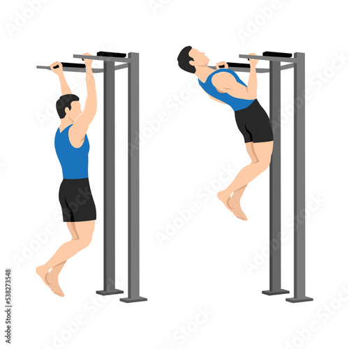Man doing chin-ups workout. Pull up with supinated lat pulldown reverse grip. Healthy and active lifestyle. Flat vector illustration isolated on white background
