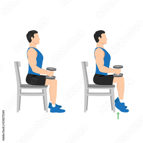 Man doing seated dumbbell or chair calf raises. Keep both legs at a 90-degree angle. Extend the heels of pushing the toes on the ground and lifting the heels of pushing. Flat vector illustration