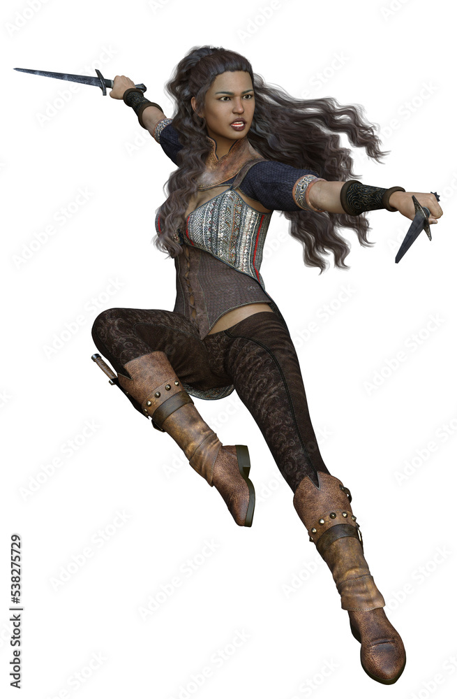 3D Rendered Female Warrior With Coloured Skin Isolated On Transparent Background Fighting With Daggers - 3D Illustration 3D Rendered Female Warrior With Coloured Skin Isolated On Transparent Background Fighting With Daggers - 3D Illustration