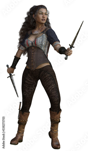 3D Rendered Female Warrior With Coloured Skin Isolated On Transparent Background Fighting With Daggers - 3D Illustration