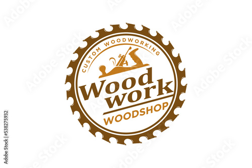 Capenter wood work logo design wood plane circular saw vintage timber lumberjack workshop 