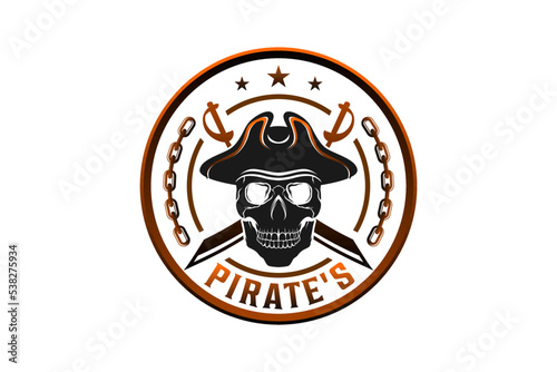 Pirate head skull logo design with hat cowboy and swordcross rounded shape illustration silhouette vector