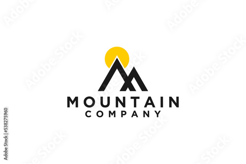 Rocky mountain logo design m letter initial adventure park outdoor with sunset sunshine illustration icon symbol