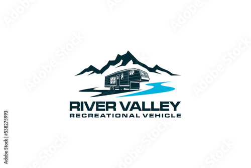 Recreational Vehicle logo design holiday journey traveler river lake scene car trailer