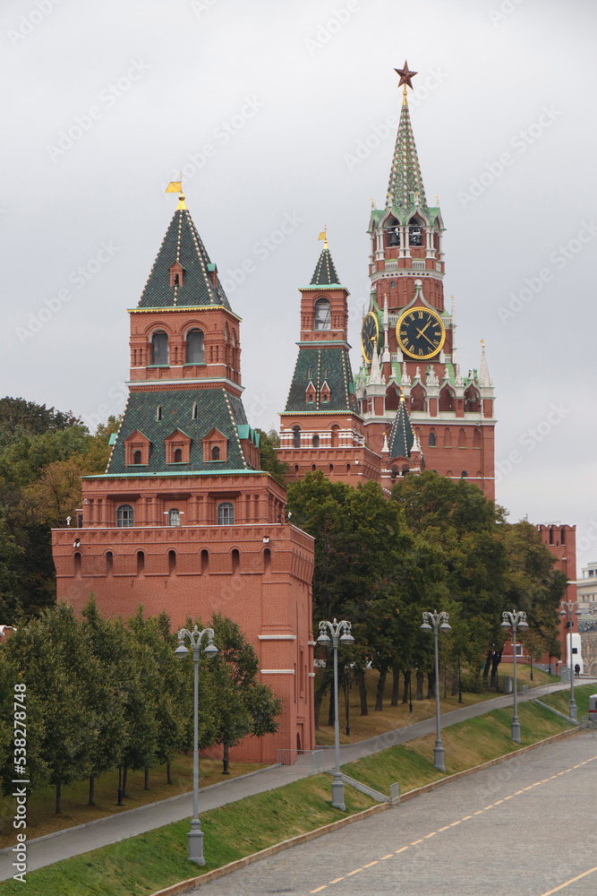 View of the Kremlin on Red Square on a cloudy day. Moscow, Russia - September 22, 2022