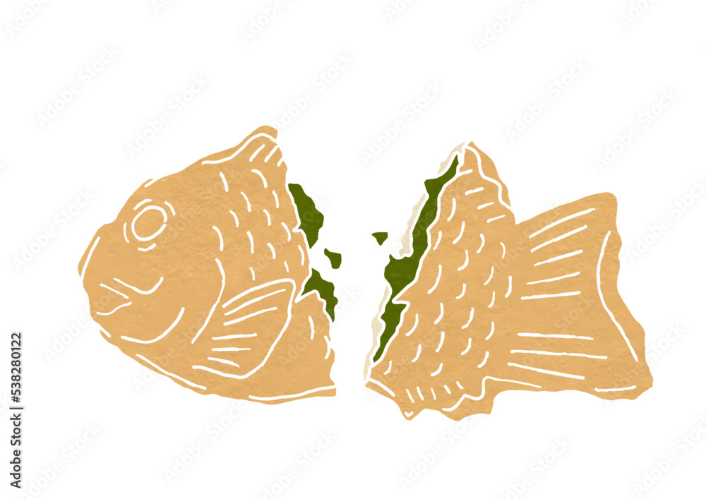 半分に割った抹茶入りのたい焼きのイラスト（版画風）