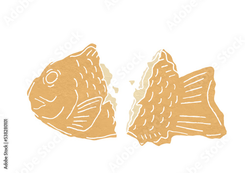 半分に割ったカスタード入りのたい焼きのイラスト（版画風）