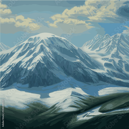 Winter mountain landscape with snow against blue sky, winter holidays, forest landscape and solitary mountain. Minimalistic vector illustration. mountain peak, Snowy mountains peaks photo