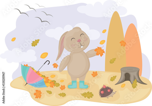 Cute rabbit. Autumn illustration with cartoon rabbit and hedgehog. The hare collects autumn leaves in an umbrella. Vector illustration