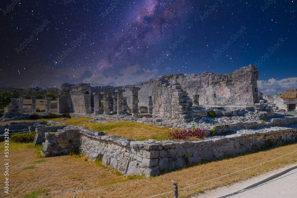 Great palace, Mayan Ruins in Tulum, Riviera Maya, Yucatan, Caribbean Sea Mexico with Milky Way Galaxy stars night sky