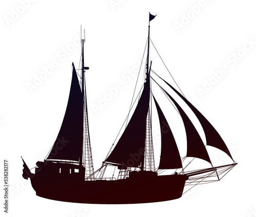 The silhouette of a large sailing ship.