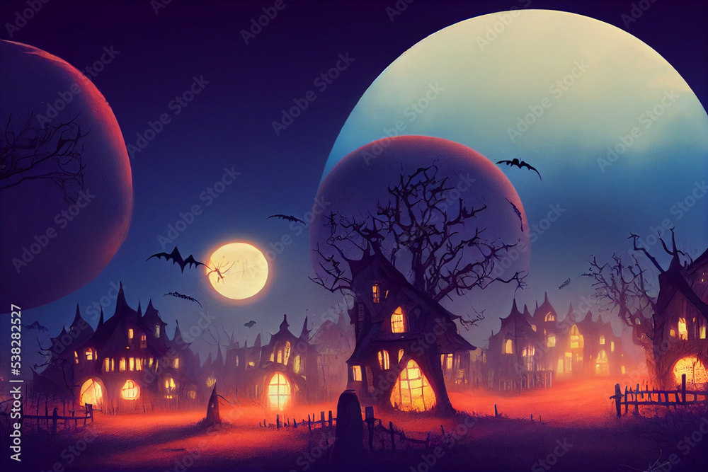 halloween night landscape with moon.