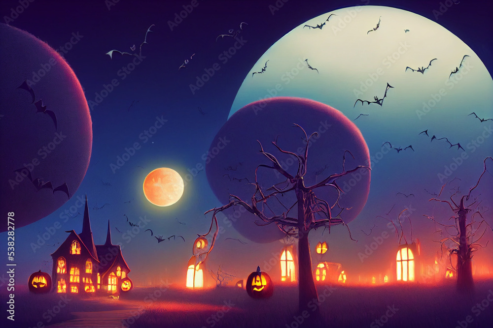 halloween landscape with moon. 3d illustration.
