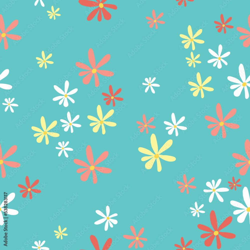 Cute blue base background seamless floral print pattern with colorful ditsy doodle daisy