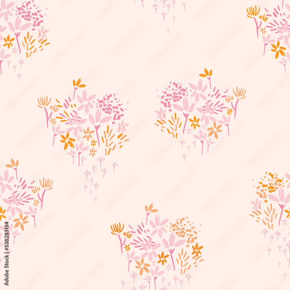 Off white, beige seamless print spaced out conversational pattern with colorful spaced out random, fading doodle flowers, stems and petals and clusters