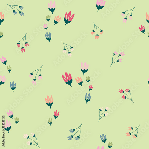 Seamless print spaced out conversational  pattern with colorful doodle flowers